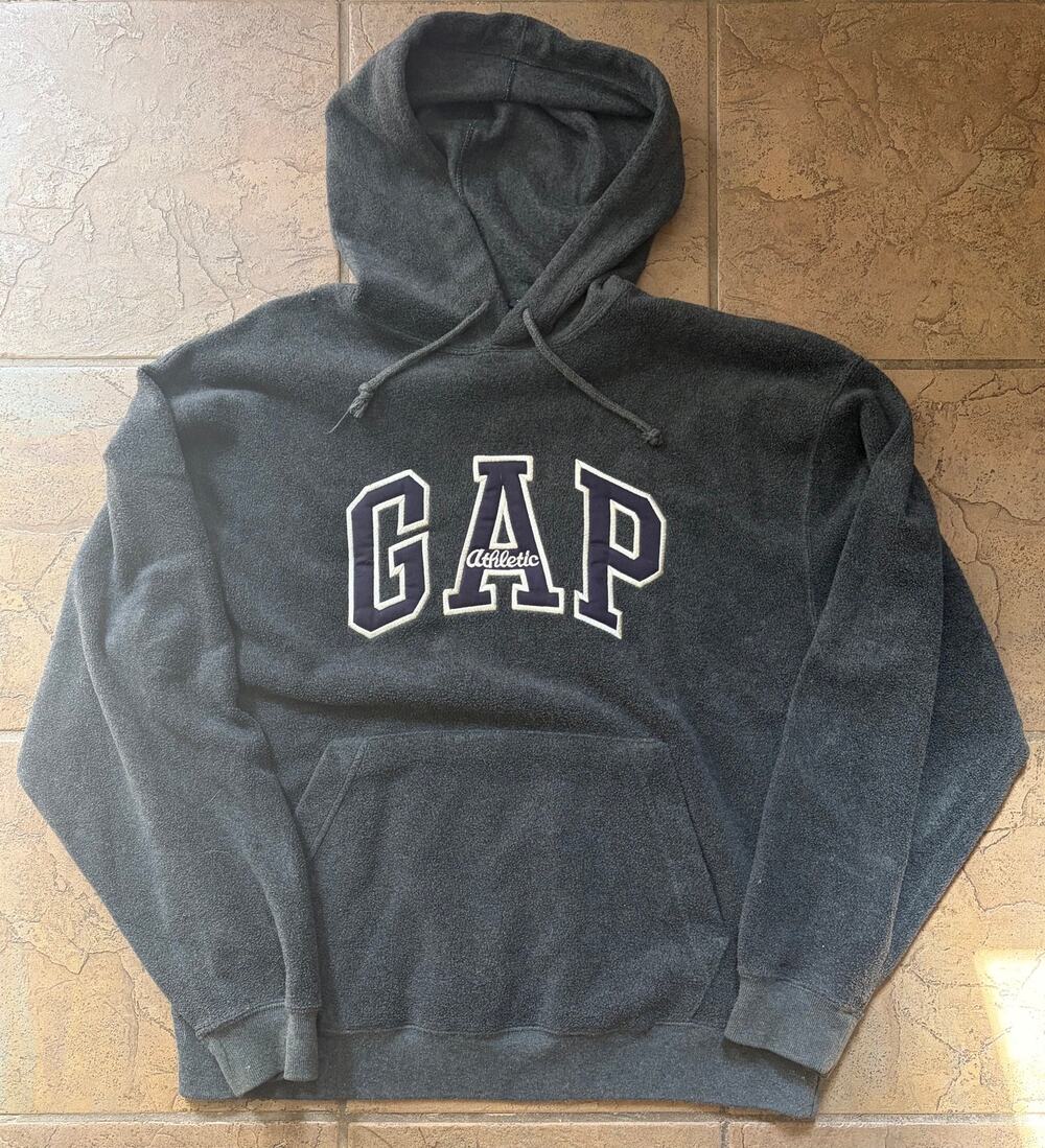 90s GAP Athletic Pullover Hoodie Charcoal Gray Navy Spellout Fleece Mens Medium
